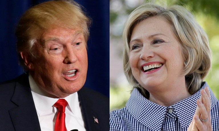 Democratic presidential candidate Hillary Rodham Clinton laughs with former U.S. Sen. Tom Harkin, right, during a visit to the Iowa State Fair, Saturday, Aug. 15, 2015, in Des Moines, Iowa. (AP Photo/Charlie Neibergall)