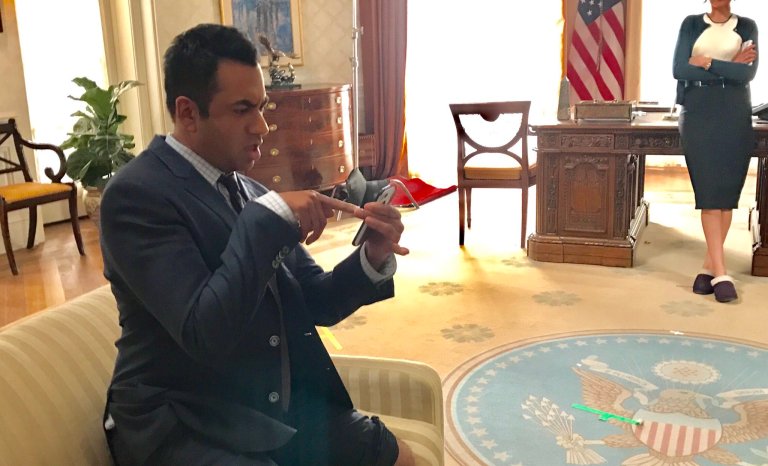 The photo spread across social media, with critics slamming Conway for appearing so casual in the Oval Office. (Screengrab/Twitter)