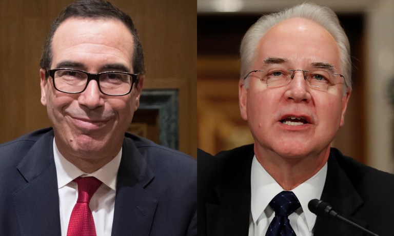 Republicans advanced the nominations of Steven Mnuchin to be treasury secretary and Rep. Tom Price, R-Ga., to be health and human services secretary. (AP Photos)