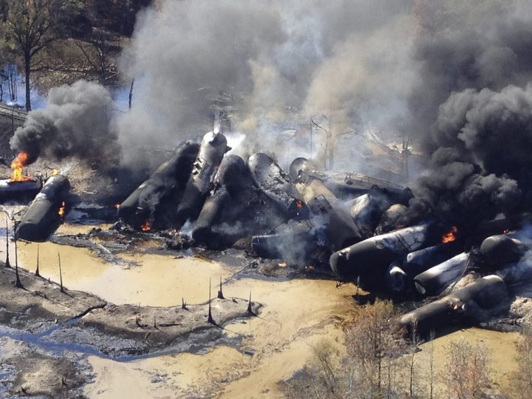 A tanker train carrying crude oil burns after derailing in western Alabama outside Aliceville, Ala., early Friday morning. The train exploded, sending flames and black smoke into the air and temporarily forcing one family to leave their home. (AP Photo/ ABC 33/40, Bill Castle)ÃÂ 