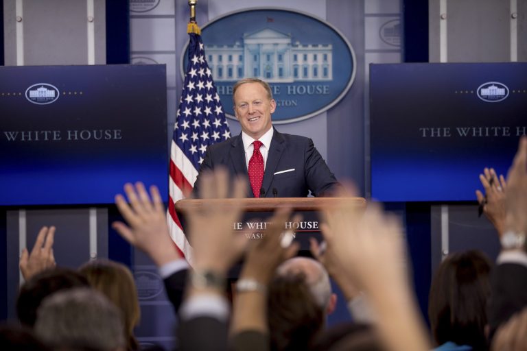 White House press secretary Sean Spicer smiles while speaking to the media during the daily press briefing at the White House in Washington, Wednesday, May 3, 2017. (AP Photo/Andrew Harnik)