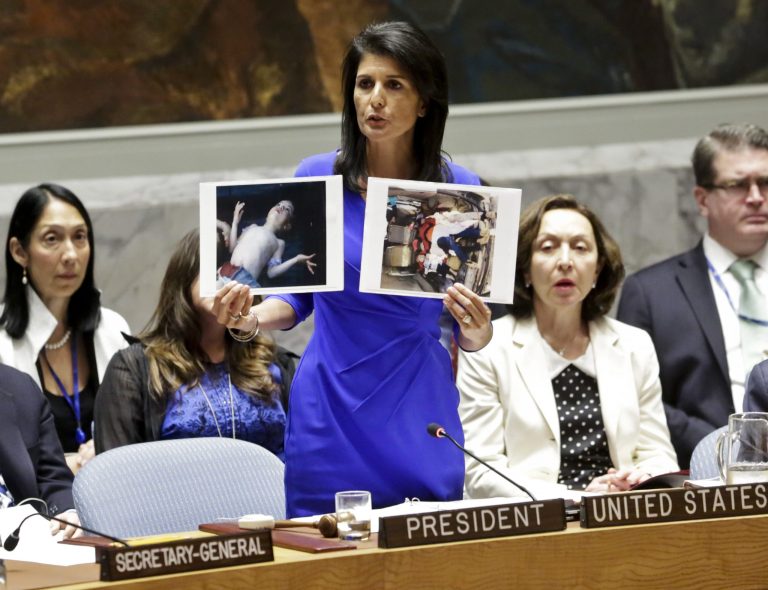 —œWhen the United Nations consistently fails in its duty to act collectively, there are times in the life of states that we are compelled to take our own action,—? U.S. Ambassador to the United Nations Nikki Haley said Wednesday. (AP Photo/Bebeto Matthews)
