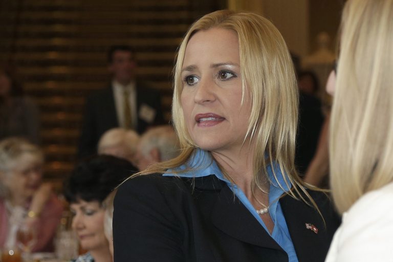 Leslie Rutledge speaks at a meeting of the Political Animals Club in Little Rock, Ark., in July. (AP/Danny Johnston)