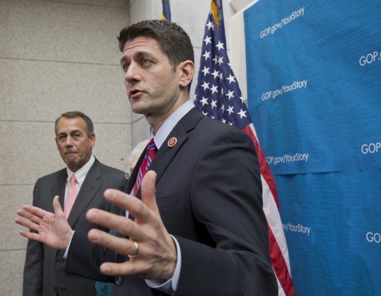 House Budget Committee Chairman Rep. Paul Ryan, R-Wis., right, accompanied by House Speaker John Boehner of Ohio, speaks during a news conference on Capitol Hill in Washington. (AP/J. Scott Applewhite)