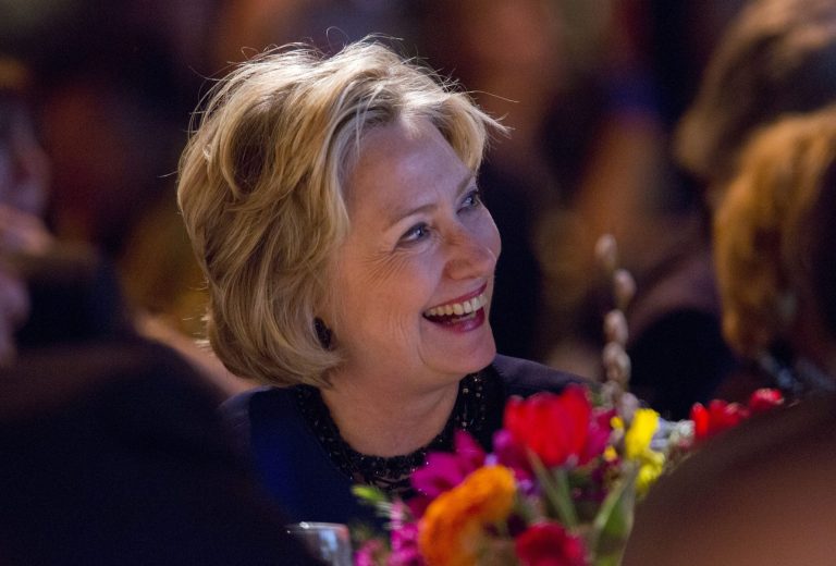 Former Secretary of State Hillary Rodham Clinton listens before receiving the American Jewish Congress' lifetime achievement award on Wednesday in New York. (AP Photo/Jin Lee)