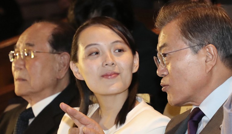 In this Feb. 11, 2018, photo, South Korean President Moon Jae-in (pictured right) talks with Kim Yo Jong, North Korean leader Kim Jong Un's sister. At left is North Korea's nominal head of state, Kim Yong Nam. (Bee Jae-man/Yonhap via AP, File)