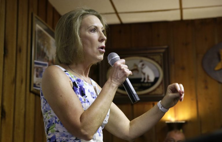 Republican presidential candidate Carly Fiorina speaks to local residents during a meet and greet at Cecil's Cafe, Thursday, July 23, 2015, in Marshalltown, Iowa. (AP Photo/Charlie Neibergall)