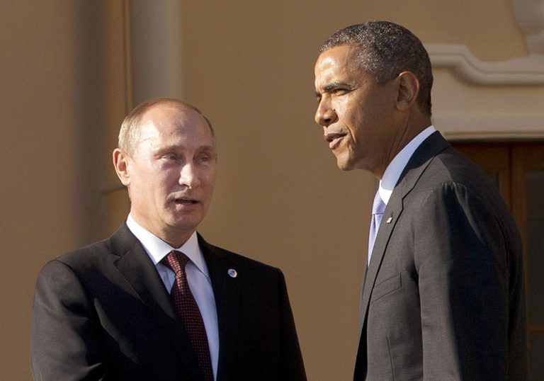 FILE - In this Sept. 5, 2013 file photo, President Barack Obama shakes hands with Russian President Vladimir Putin during arrivals for the G-20 summit at the Konstantin Palace in St. Petersburg, Russia, Thursday, Sept. 5, 2013.   Congress is stepping up pressure on the White House to confront Russia over allegations that it is cheating on a key nuclear arms treaty, a faceoff that could further strain U.S.-Moscow relations and dampen President Barack Obama's hopes to add deeper cuts in nuclear arsenals to his legacy.  (AP Photo/Pablo Martinez Monsivais)