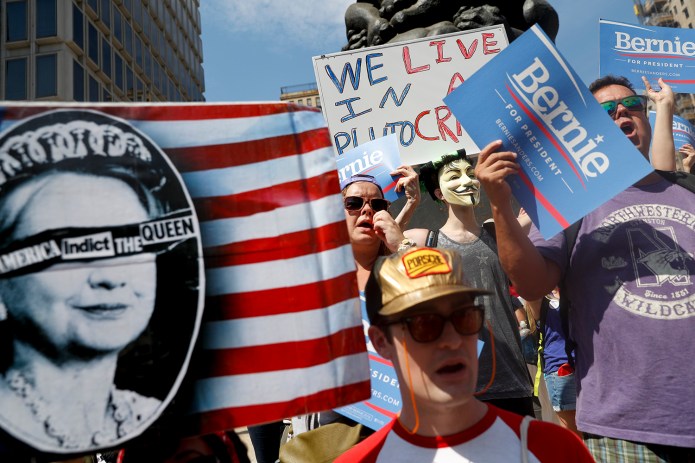 Supporters of Sen. Bernie Sanders, I-Vt., march during a protest in downtown Philadelphia. (AP Photo/John Minchillo)