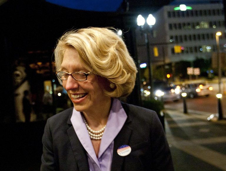 Terri Lynn Land is pictured at U.S. Rep. Justin Amash's primary election party at the Amway Grand Plaza Hotel in downtown Grand Rapids Tuesday, Aug. 5, 2014. (AP Photo/The Grand Rapids Press, Cory Morse)