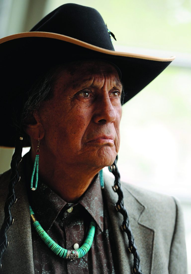 FILE - In a Friday, April 27, 2012 file photo, Russell Means, former leader of the American Indian Movement, (AIM) poses for a portrait at Augustana College in Sioux Falls, S.D. Means, a former American Indian Movement activist who helped lead the 1973 uprising at Wounded Knee, reveled in stirring up attention and appeared in several Hollywood films, died early Monday, Oct. 22, 2012 at his ranch in in Porcupine, S.D., Oglala Sioux Tribe spokeswoman Donna Solomon said. He was 72. (AP Photo/Argus Leader Jay Pickthorn) NO SALES