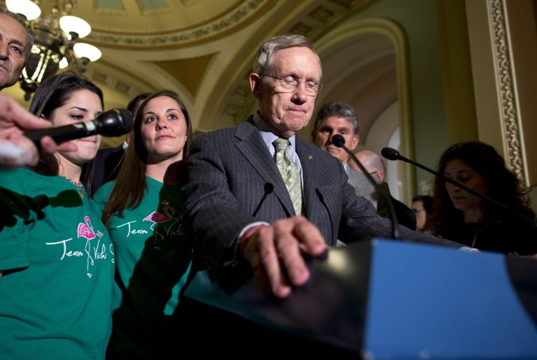 Senate Majority Leader Harry Reid on Thursday yanked from the Senate floor gun control legislation that suffered a serious setback a day earlier, pledging to revive the bill that many lawmakers have already declared dead. (AP Photo/Evan Vucci)