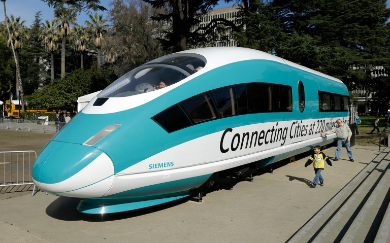 A full-scale mock-up of a high-speed train displayed at the Capitol in Sacramento, Calif. (AP Photo/Rich Pedroncelli, File)
