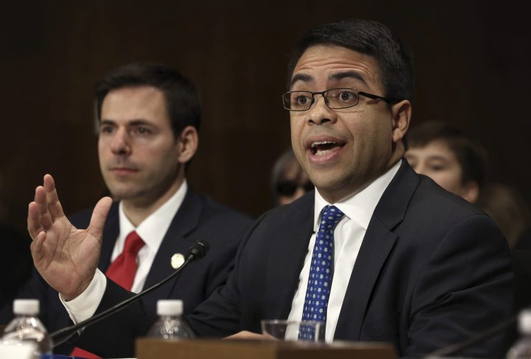 Senior counsel to the U.S. Senate Judiciary Committee Debo Adegbile testifies during his confirmation hearing before the Senate Judiciary Committee on Jan. 8, 2014, on Capitol Hill in Washington. (Photo by Alex Wong/Getty Images)