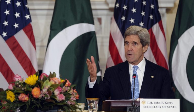 Secretary of State John Kerry speaks during the U.S.-Pakistan Strategic Dialogue Plenary Session with Pakistani National Security and Foreign Affairs Adviser Sartaj Aziz at the State Department in Washington, Monday, Jan. 27, 2014. (AP Photo/Susan Walsh)