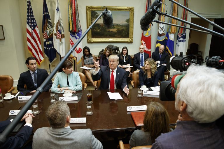 President Donald Trump speaks during a meeting with business leaders in the Roosevelt Room of the White House in Washington Monday, Jan. 30, 2017. (AP Photo/Evan Vucci)