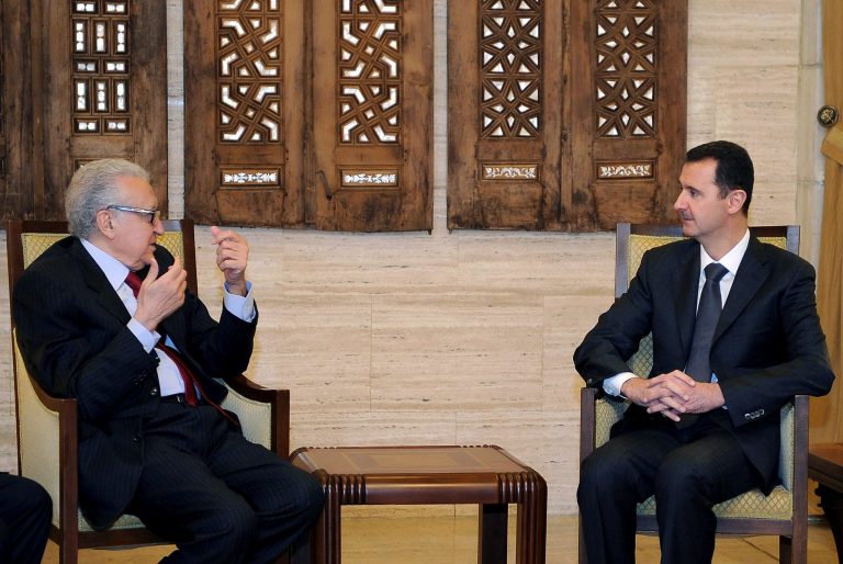   In this photo released by the Syrian official news agency SANA, Syrian President Bashar al-Assad, right, meets with UN Arab League deputy to Syria, Lakhdar Brahimi in Damascus, Syria, Monday, Dec. 24, 2012. The international envoy tasked with pushing to end Syria's civil war said the situation is still 
