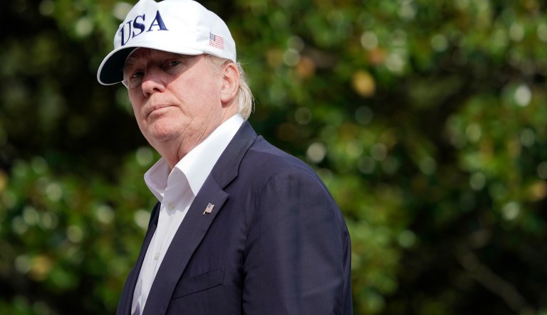 President Donald Trump walks across the South Lawn of the White House in Washington, Sunday, Aug. 27, 2017, following his return after spending the weekend at nearby Camp David, Md., (AP Photo/Pablo Martinez Monsivais)