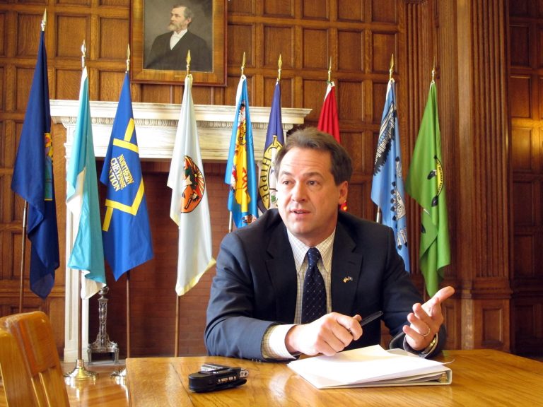 Gov. Steve Bullock responds to a question, Feb. 26, 2013, in Helena, Mont. (AP Photo/Matt Volz)