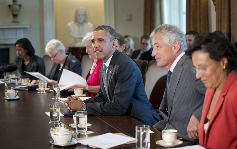   President Barack Obama awaits the start of a meeting with members of his cabinet, Thursday, Sept. 12, 2013, in the Cabinet Room of the White House in Washington. From left are, National Security Advisor Susan Rice, EPA Administrator Gina McCarthy, Health and Human Services Secretary Kathleen Sebelius, Interior Secretary Sally Jewell, the president, Defense Secretary Chuck Hagel, and Commerce Secretary Penny Pritzker. (AP Photo/Pablo Martinez Monsivais)  