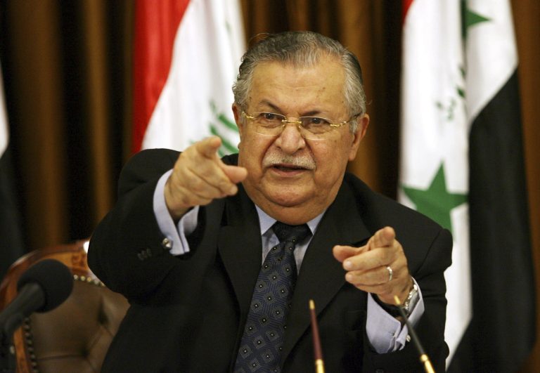   FILE - In this Aug 17, 2007 file photo, Iraq's President Jalal Talabani talks to reporters in Baghdad, Iraq. The office of Iraqi President Jalal Talabani said Tuesday he has been admitted to the hospital for treatment of an unspecified health problem.. (AP Photo/Hadi Mizban, File)  