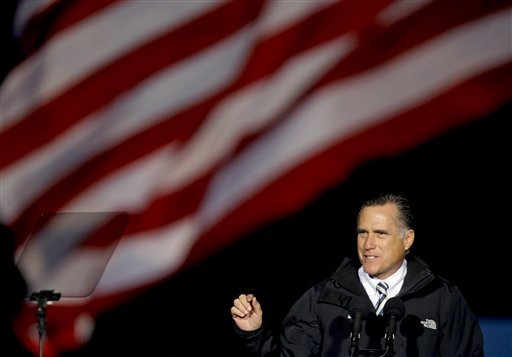 Republican presidential candidate, former Massachusetts Gov. Mitt Romney speaks during a campaign event at Shady Brook Farm, Sunday, Nov. 4, 2012, in Morrisville, Pa. (AP Photo/David Goldman)