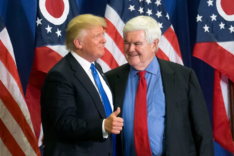 Recently, focus has centered on former House Speaker Newt Gingrich, who campaigned with Donald Trump on Wednesday night in Cincinnati, where he gave a short and sweet, but well-received introduction for the real estate tycoon. (AP Photo/John Minchillo)