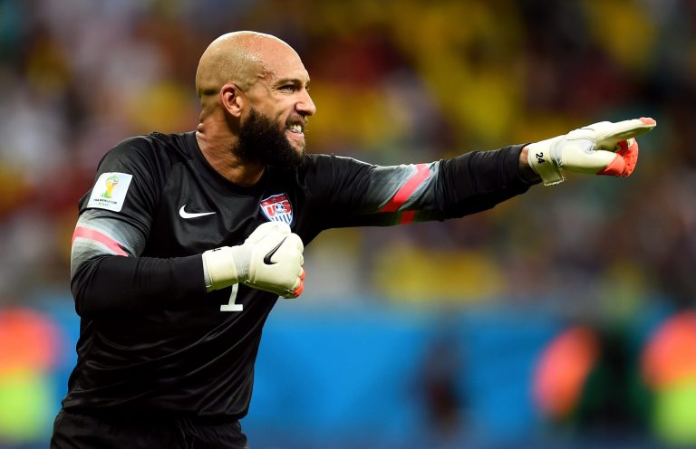 SALVADOR, BRAZIL - JULY 01:  Tim Howard of the United States gestures during the 2014 FIFA World Cup Brazil Round of 16 match between Belgium and the United States at Arena Fonte Nova on July 1, 2014 in Salvador, Brazil.  (Photo by Jamie McDonald/Getty Images)