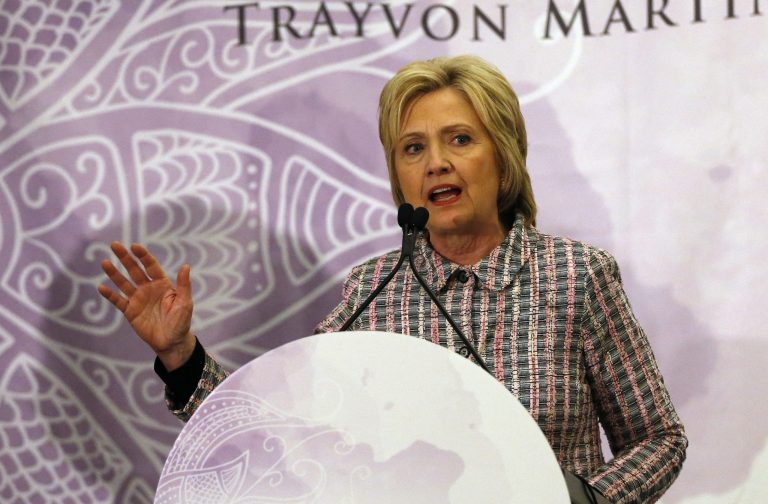 Democratic presidential candidate Hillary Clinton speaks at the Trayvon Martin Foundation's 