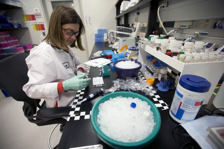 In this Thursday, Feb. 28, 2013 photo, Merck scientist Pascale Nantermet conducts research to discover new HIV drugs in West Point, Pa. (AP Photo/Matt Rourke)