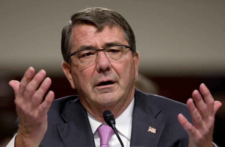 Defense Secretary Ash Carter testifies at the Senate Armed Services Committee hearing on Capitol Hill in Washington, Tuesday, July 7, 2015 about Counter-ISIL (Islamic State of Iraq and the Levant) Strategy. (AP Photo/Carolyn Kaster)