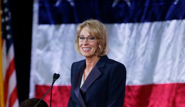Education Secretary Betsy DeVos actually travels in her own private jet and at her own expense. Amazingly enough, her to-date travel expenses submitted for reimbursement amount to a mere $184. (AP Photo/Ted S. Warren)