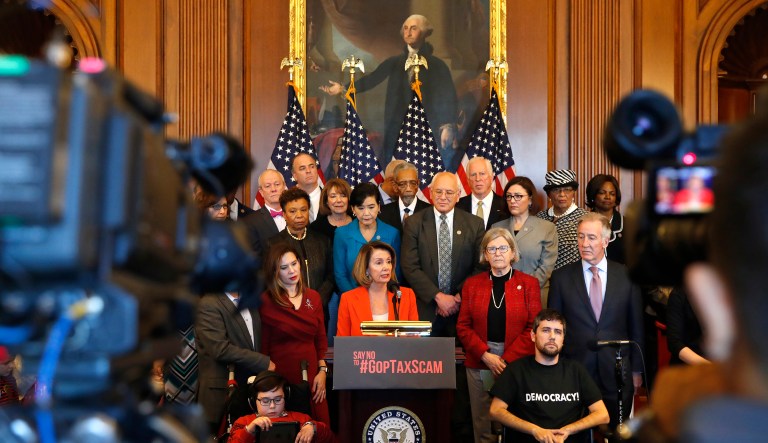 House Minority Leader Nancy Pelosi speaks during a news conference in opposition to the Republican tax bill. (AP Photo/Jacquelyn Martin)