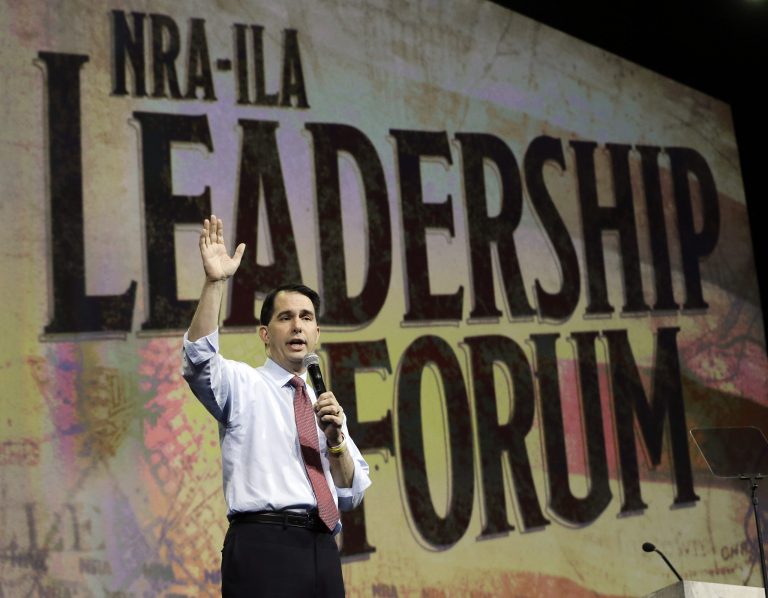 Wisconsin Gov. Scott Walker speaks at the National Rifle Association convention Friday, April 10, 2015, in Nashville, Tenn. (AP Photo/Mark Humphrey)