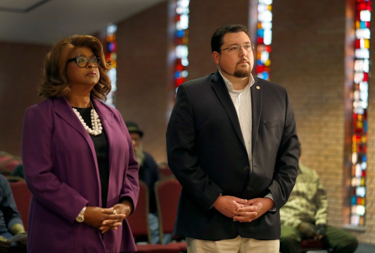 Ferguson's current mayor, James Knowles III (right), is running against retired businesswoman and city councilwoman Ella Jones (left). (AP Photo/Jeff Roberson)