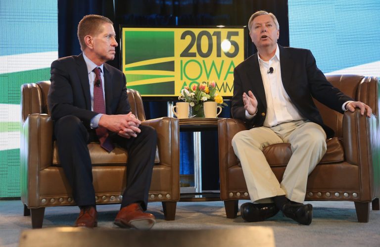 Caption: DES MOINES, IA - MARCH 07: U.S. Senator Lindsey Graham (R-SC) (R) fields questions from Bruce Rastetter at the Iowa Ag Summit on March 7, 2015 in Des Moines, Iowa. The event allows the invited speakers, many of whom are potential 2016 Republican presidential hopefuls, to outline their views on agricultural issue. (Photo by Scott Olson/Getty Images)
