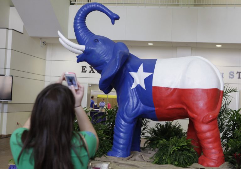 Sarah Mercer, of San Antonio, makes a photo of a Texas flag elephant statue during the set up before the start of the Texas Republican Convention Wednesday, June 6, 2012, in Fort Worth, Texas.Â 
