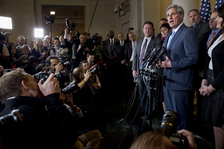 Majority Leader Kevin McCarthy of Calif. answers a question during a news conference on Capitol Hill in Washington, Thursday, Oct. 8, 2015, after stepping down as a nominee for House Speaker to replace John Boehner. (AP Photo/Jacquelyn Martin)