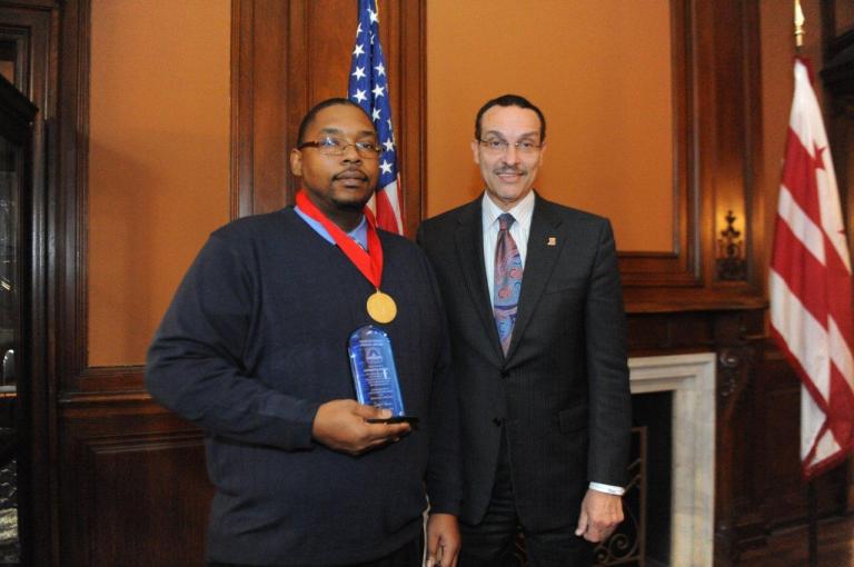 Family Research Council security guard Leo Johnson and D.C. Mayor Vincent Gray (Courtesy of the Mayor's Office)