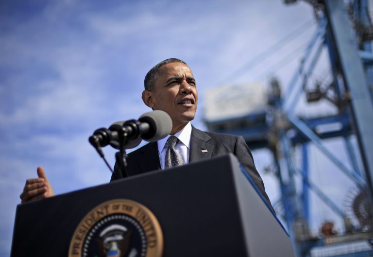 President Barack Obama speaks at the Port of New Orleans, Friday, Nov. 8, 2013, in New Orleans. Obama traveled to the Gulf Coast region to make a case that more exports equal more jobs. After New Orleans he will go to Miami area for three Democratic fundraisers. (AP Photo/Pablo Martinez Monsivais)