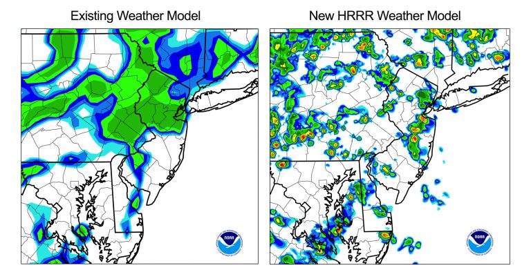 These handout images provided by NOAA shows a comparison of two weather forecast models for the New Jersey area. At left shows the forecast that doesn't distinguish local hazardous weather. At right shows the High Resolution Rapid Refresh (HRRR) model that clearly depicts where local thunderstorms, yellow and red coloring are likely. The National Weather Service can now give better, faster and more pinpointed severe weather forecasts because of new computer simulations. The weather service on Tuesday started using a new high resolution computer model that officials say will dramatically improve forecasts of storms up to 15 hours ahead of time. They say the more rapidly updating simulations will save lives with better warning for tornadoes, thunderstorms and blizzards. (AP Photo/NOAA)