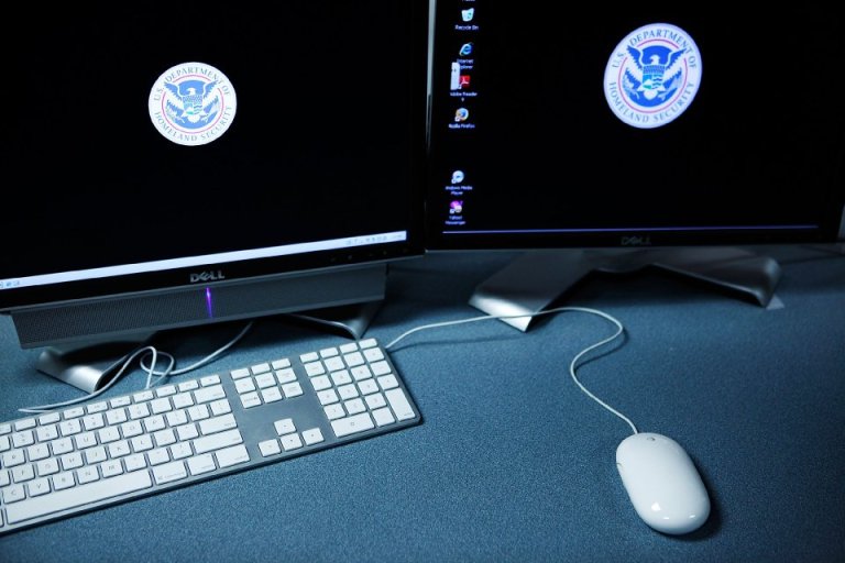 The logos of the U.S. Department of Homeland Security are seen on computer terminals in a training room of the Cyber Crimes Center of the U.S. Immigration and Customs Enforcement October 13, 2009 in Fairfax, Virginia. (Photo by Alex Wong/Getty Images)