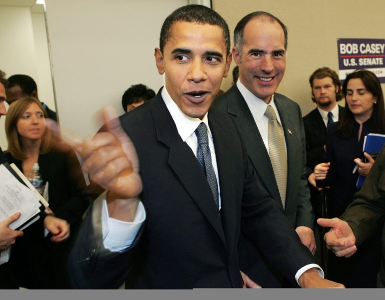 Sen. Barack Obama, left, and Democrat Bob Casey Jr. greet supporters after talking with campaign volunteers working for Casey's campaign to unseat Republican Sen. Rick Santorum in Pittsburgh, Pa. on Wednesday, Oct. 11, 2006. (AP Photo/Keith Srakocic, FILE)
