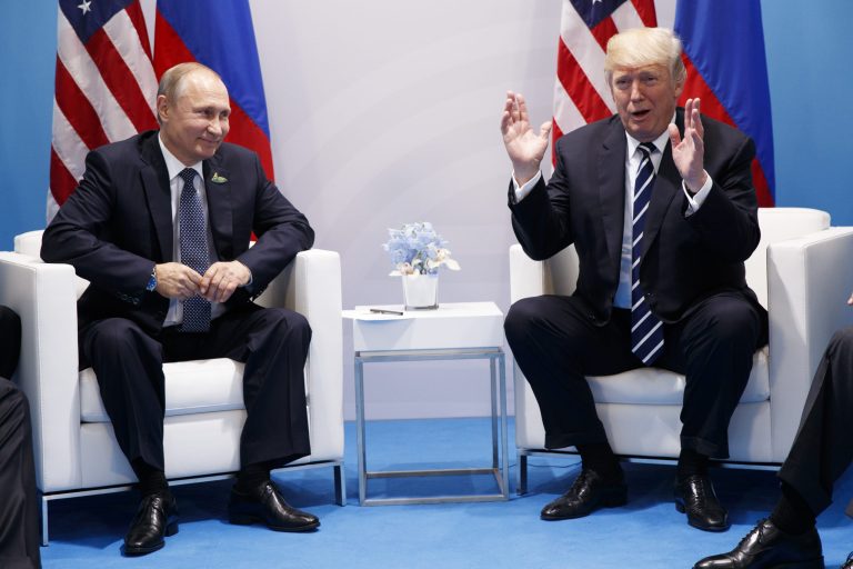 President Donald Trump speaks during a meeting with Russian President Vladimir Putin at the G20 Summit, Friday, July 7, 2017, in Hamburg. (AP Photo/Evan Vucci)