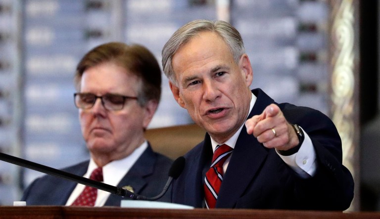 Texas Lt. Gov. Dan Patrick, left, listens as Texas Gov. Greg Abbott, right, gives his State of the State Address in the House Chamber, Tuesday, Feb. 5, 2019, in Austin, Texas.