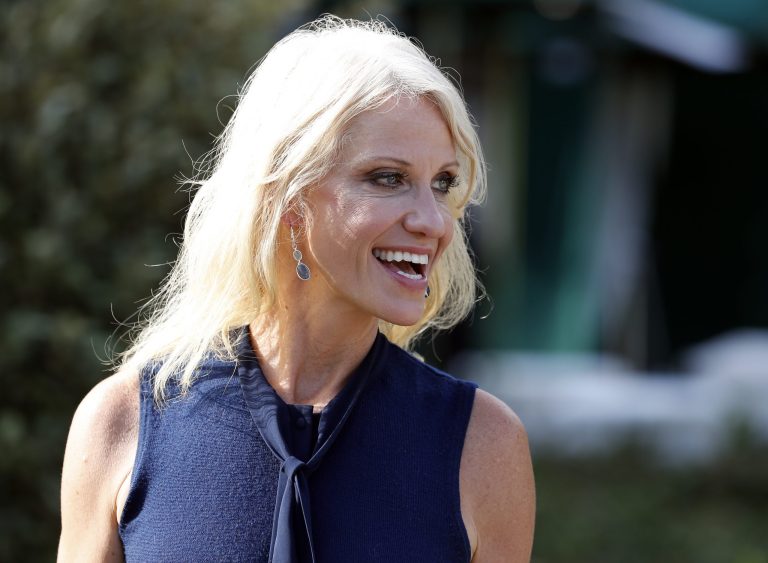 Counselor to the President Kellyanne Conway speaks with a reporter at the White House, Monday, July 10, 2017, in Washington. (AP Photo/Alex Brandon)