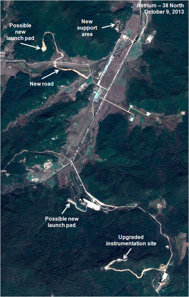 This Oct. 9, 2013 satellite Image taken by Astrium, and annotated and distributed by 38 North shows the Sohae site where North Korea launched a long-range rocket into space in December 2012. U.S.-Korea Institute at Johns Hopkins School of Advanced International Studies said Monday, Oct. 28, 2013, North Korea is conducting major construction at its main missile launch site, apparently to accommodate larger rockets and new mobile missiles. (AP Photo/Astrium - 38 North) MANDATORY CREDIT