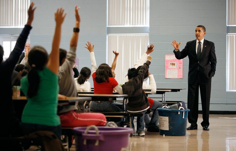 President Obama speaks to third and fourth graders during their lunch period at Viers Mill Elementary School October 19, 2009 in Silver Spring, Maryland. (Photo by Chip Somodevilla/Getty Images)