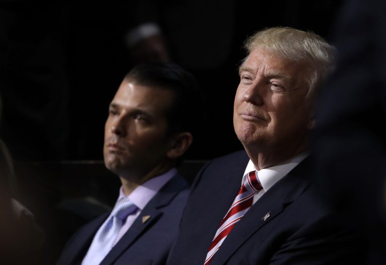President Trump insisted Saturday that his eldest son, Donald Trump Jr., was quick to share personal emails about his June 2016 meeting at Trump Tower with Russians, while former rival Hillary Clinton was not. (AP Photo/Matt Rourke)