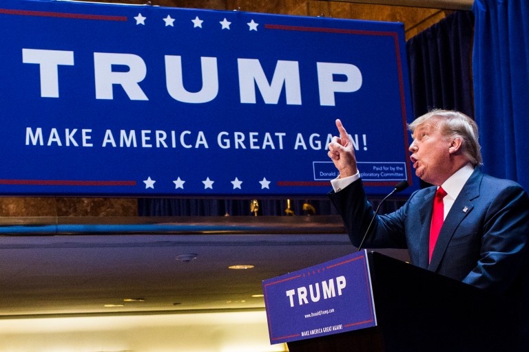 Business mogul Donald Trump points as he gives a speech as he announces his candidacy for the U.S. presidency at Trump Tower on June 16, 2015 in New York City. (Photo by Christopher Gregory/Getty Images)